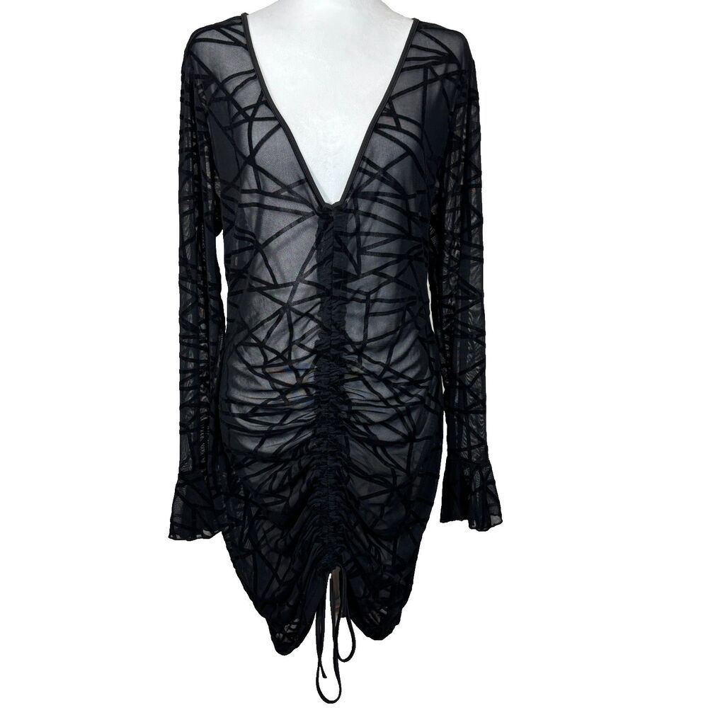 Ruffled Mesh Sheer Drawstring Black Bodycon Dress Sz 1X Festival Club Cover-up - Picture 2 of 11